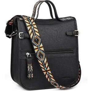 Women’s Black Retro Style Leather Purse Crossbody Bag Handbag Wide